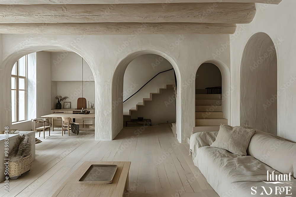 Modern interior featuring arches and minimalist design. Modern interior featuring arches and minimalist design.