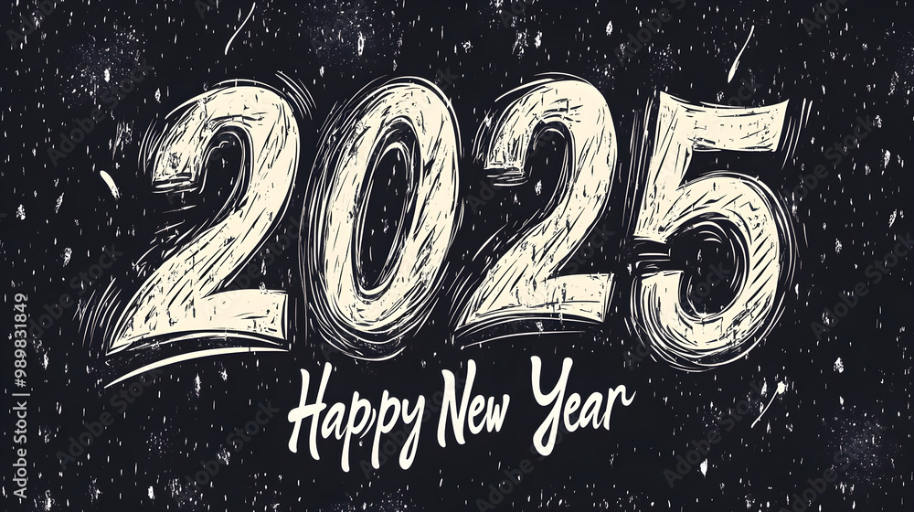 2025 designed in a simple, thin line style, with the words Happy New Year beneath, all in monochrome 2025 designed in a simple, thin line style, with the words Happy New Year beneath, all in monochrome