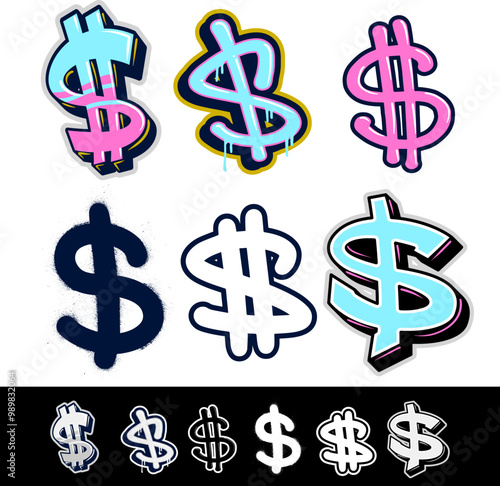 A set of dollar sign vector icons in graffiti style