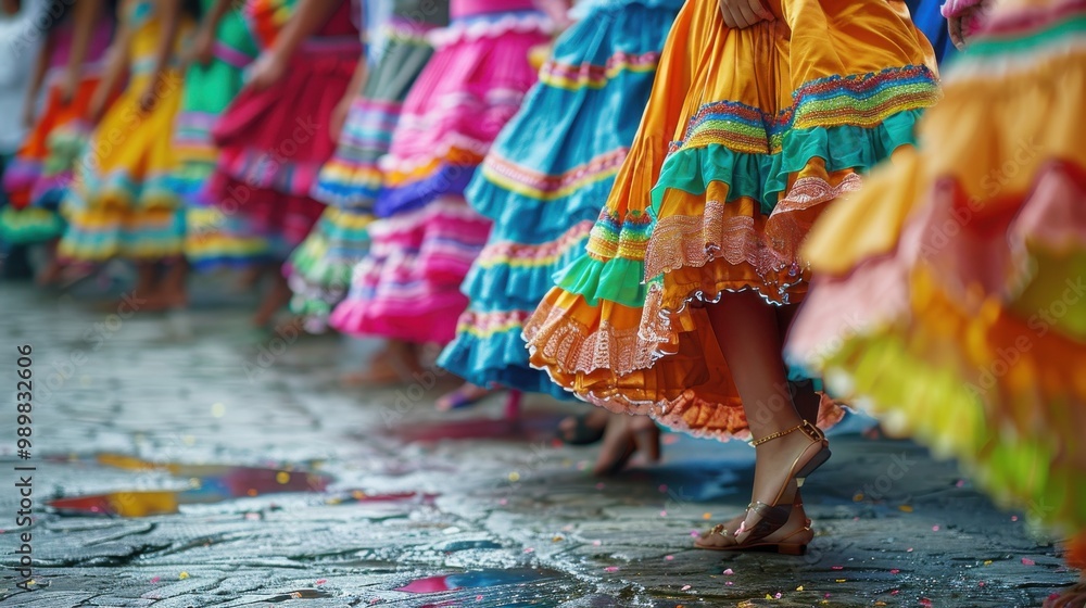 Fototapeta premium Colorful traditional skirts in festive dance parade