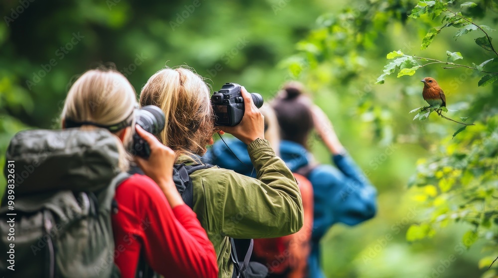 Enthusiastic Eco-Tourists Birdwatching in Lush Forest - Sustainable Travel Adventure Enthusiastic Eco-Tourists Birdwatching in Lush Forest - Sustainable Travel Adventure