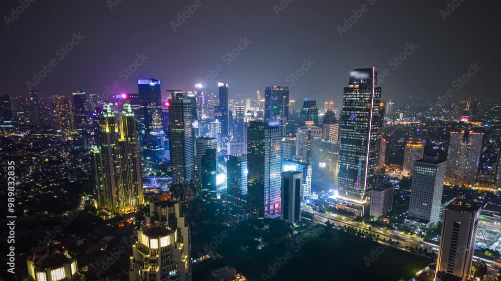 Aerial time-lapse of downtown Jakarta and the city skyline at night, Indonesia Aerial time-lapse of downtown Jakarta and the city skyline at night, Indonesia