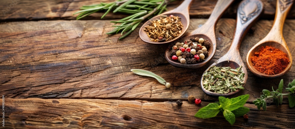 Spice And Herb In Spoons On Wooden Background Spice And Herb In Spoons On Wooden Background