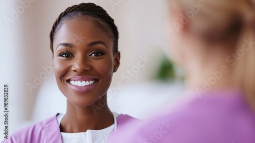 Smiling healthcare professional in scrubs, cheerful expression, soft background.