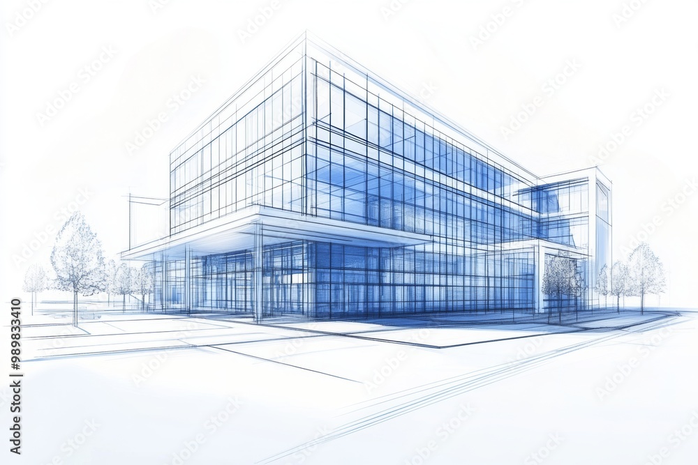 Architectural blueprint of a modern commercial building design showcasing innovative features and functional layout in a contemporary style Architectural blueprint of a modern commercial building design showcasing innovative features and functional layout in a contemporary style