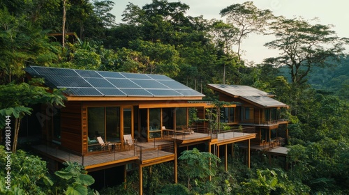 Sustainable Eco-Lodge Nestled in Lush Forest with Solar Panels on Roof - Environmental Green Tourism Concept