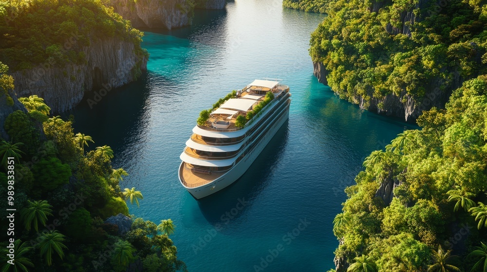 custom made wallpaper toronto digitalSailing Towards Sustainable Tourism: Eco-Friendly Cruise Ship Amid Lush Tropical Greenery