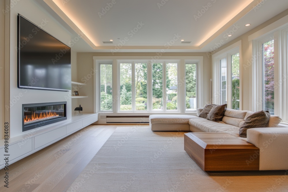 Stylish modern living room featuring a baseboard heater and a cozy lounge area with large windows for natural light Stylish modern living room featuring a baseboard heater and a cozy lounge area with large windows for natural light