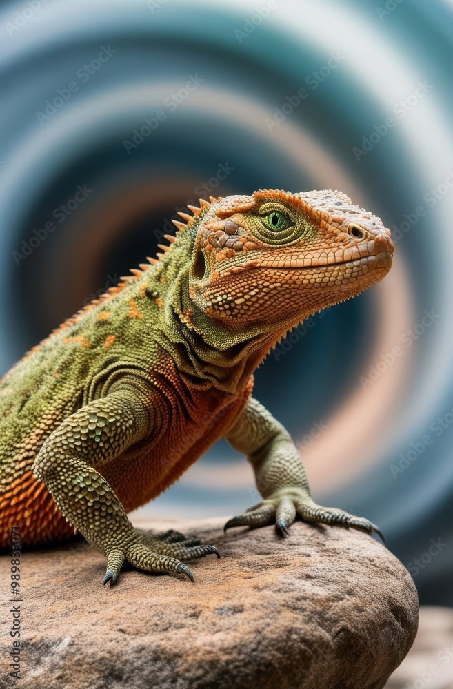Obraz premium A colorful lizard perched on a rock with a swirling background.