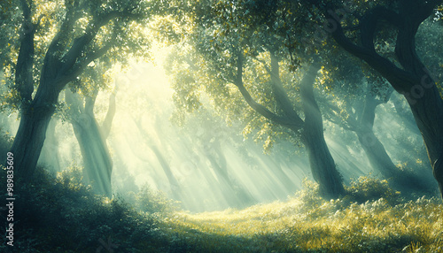 Tall, misty trees with sunlight streaming through the branches, creating a magical and mysterious forest atmosphere