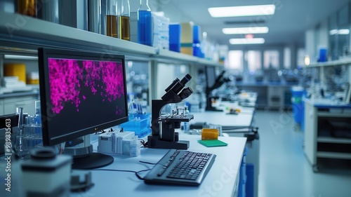 Modern epidemiology research lab with advanced computing systems, microscopes, and testing equipment laid out on sterile workstations