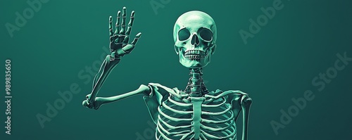 Whimsical skeleton waving goodbye, in a surreal portrayal emphasizing anatomy.