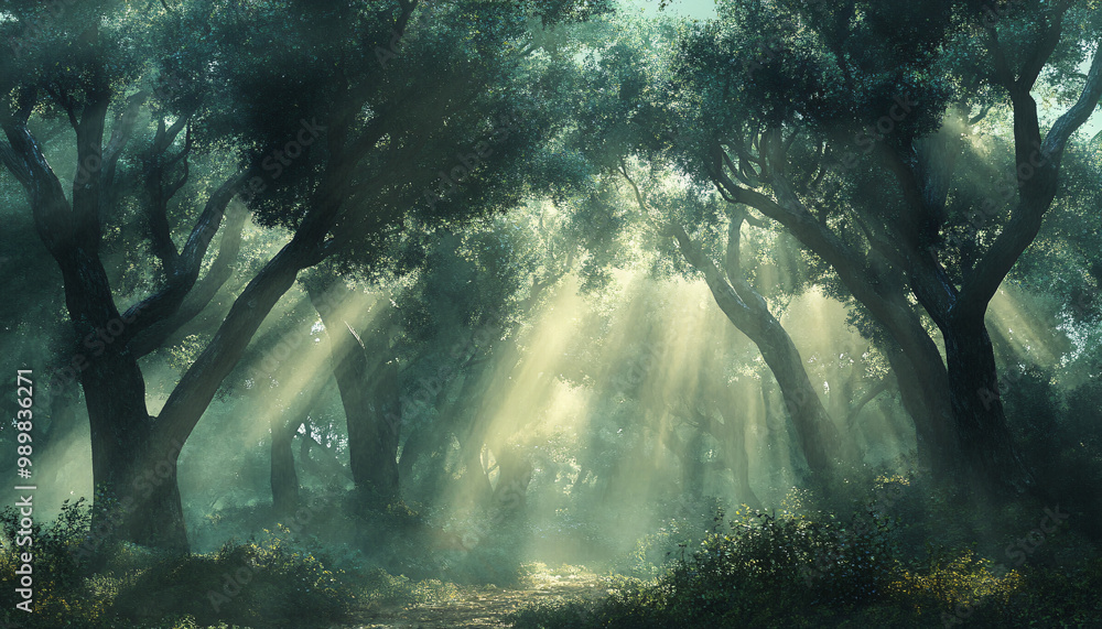 Tall, misty trees with sunlight streaming through the branches, creating a magical and mysterious forest atmosphere Tall, misty trees with sunlight streaming through the branches, creating a magical and mysterious forest atmosphere