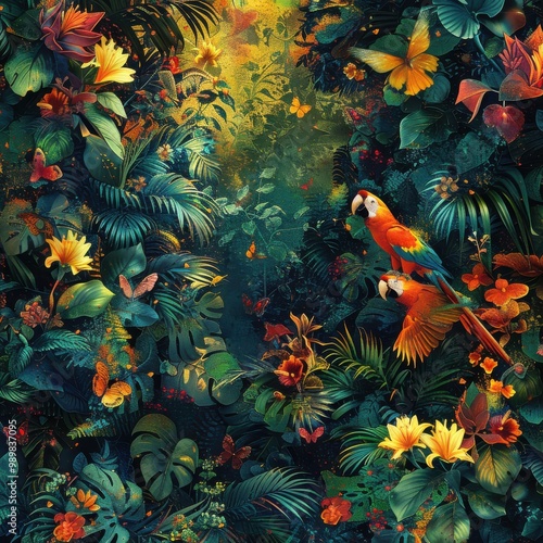 Colorful parrots and butterflies in vibrant jungle scene photo