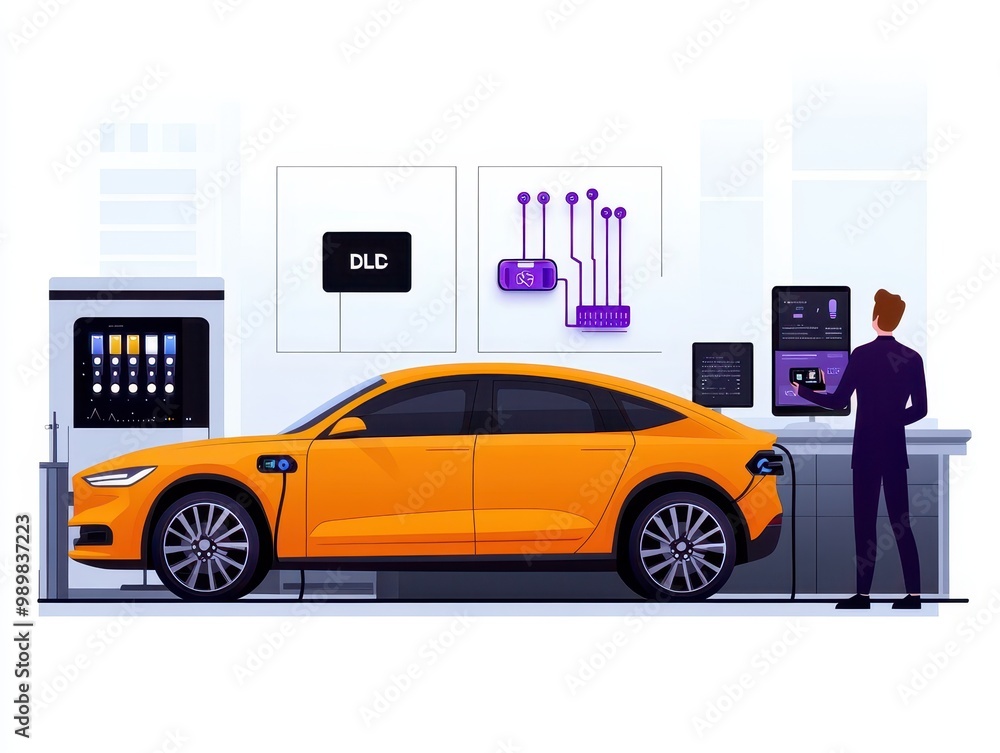 Naklejka premium Electric car in auto service station