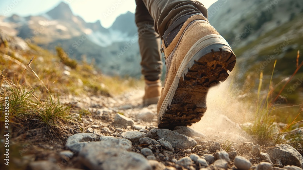 Rugged Hiking Boots on Rocky Trail Rugged Hiking Boots on Rocky Trail