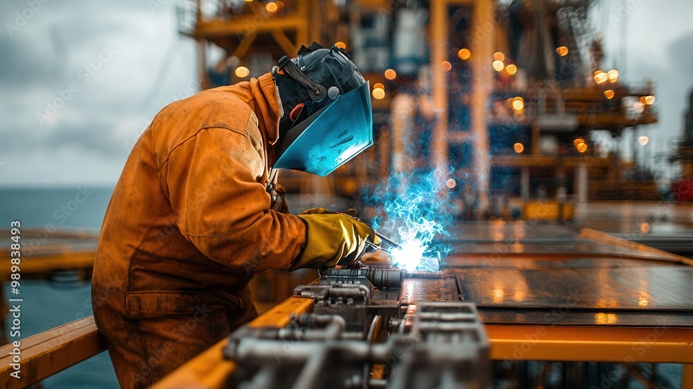 Oil rig worker wearing a protective suit while welding metal components on the deck of a platform Oil rig worker wearing a protective suit while welding metal components on the deck of a platform