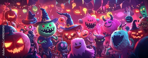 Colorful Halloween party with a group of cheerful monsters, depicted using AI.