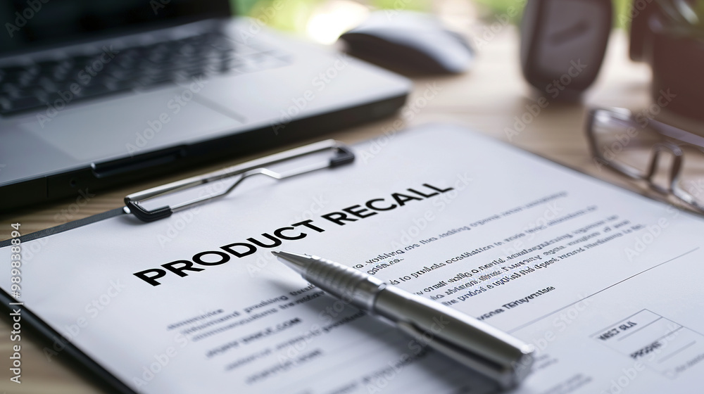 Obraz premium Formal product recall notification letter placed on an office desk alongside a pen and laptop. Automotive,pharmaceutical,electronics,corporate,enterprise,corporation,serious,safety action concept.AI