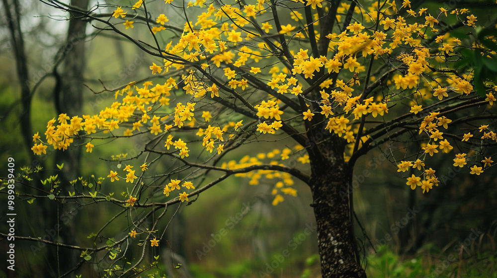 Vibrant Yellow Flowers Blooming in Serene Forest Setting. A lush forest with vibrant yellow flowers in full bloom, creating a peaceful and natural atmosphere. Perfect for nature and tranquility-themed Vibrant Yellow Flowers Blooming in Serene Forest Setting. A lush forest with vibrant yellow flowers in full bloom, creating a peaceful and natural atmosphere. Perfect for nature and tranquility-themed