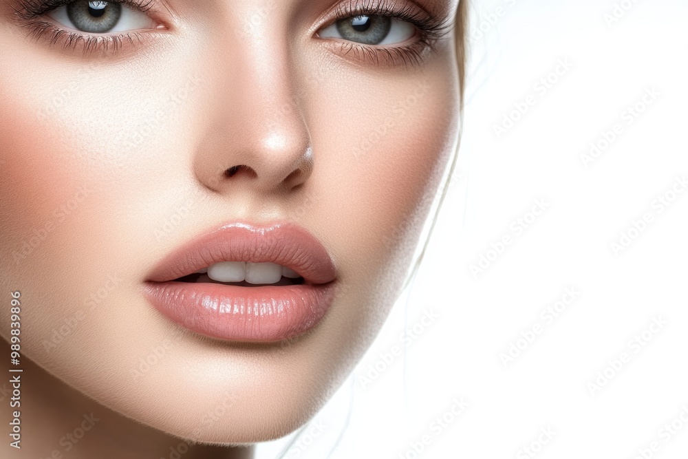 Radiant woman with healthy skin and natural makeup showcasing her beauty against a clean white background Radiant woman with healthy skin and natural makeup showcasing her beauty against a clean white background