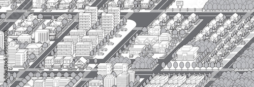 都市景観の立体イラスト.  建物のベクターイラスト.