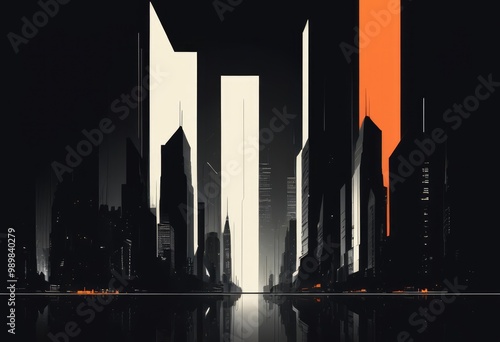 Modern Metropolis Urban Nightlife Neon City Skyscraper Silhouette Digital Illustration Generative AI #989840279