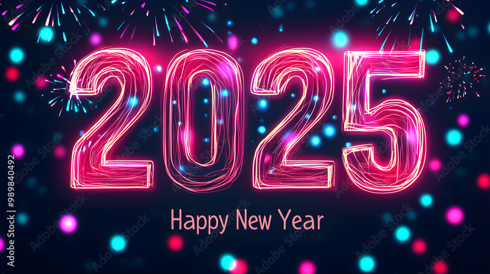2025 outlined with thin lines, with Happy New Year centered inside the numbers 2025 outlined with thin lines, with Happy New Year centered inside the numbers