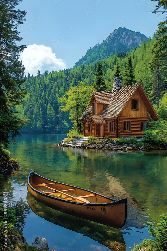 A serene lakeside cabin surrounded by towering pine trees, a canoe tied to a small dock, the still water reflecting the clear blue sky and forested hills A serene lakeside cabin surrounded by towering pine trees, a canoe tied to a small dock, the still water reflecting the clear blue sky and forested hills