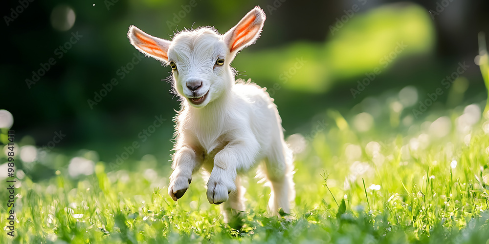 Small fluffy white goat in green field Small fluffy white goat in green field