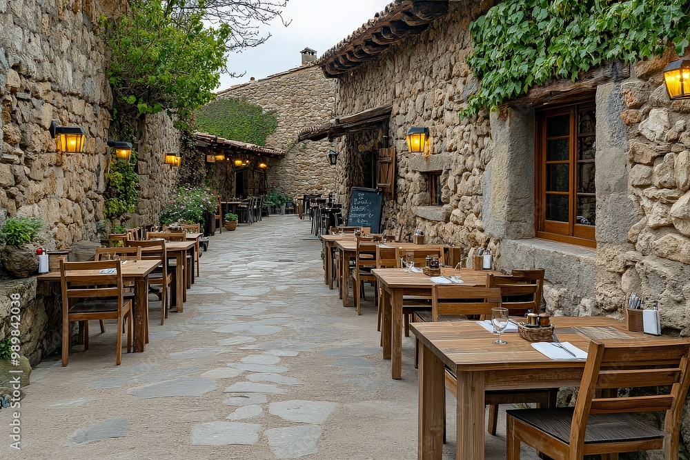 Obraz premium Cobblestone Street Cafe in a European Village