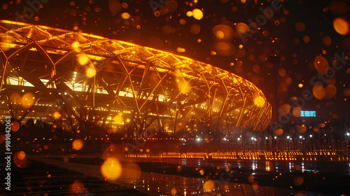 Stadium floodlights at night time Beijing China. Illuminated Stadium at Night with Bokeh Effect photo