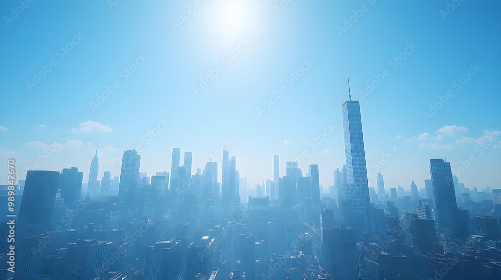 Daytime city skyline with modern buildings under a clear blue sky Daytime city skyline with modern buildings under a clear blue sky
