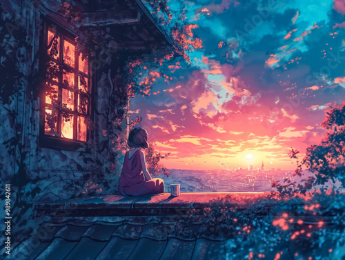 A girl is sitting on a ledge looking out at the sunset. The sky is a beautiful mix of pink and orange hues