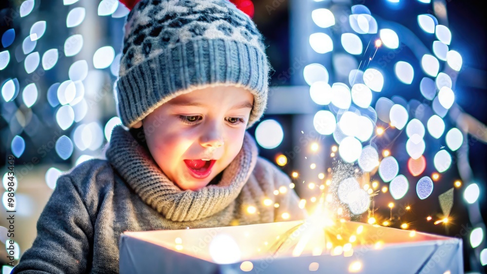 A child in a knitted hat excitedly opens a glowing gift box with a look of wonder, illuminated against a backdrop of warm, twinkling lights. A child in a knitted hat excitedly opens a glowing gift box with a look of wonder, illuminated against a backdrop of warm, twinkling lights.