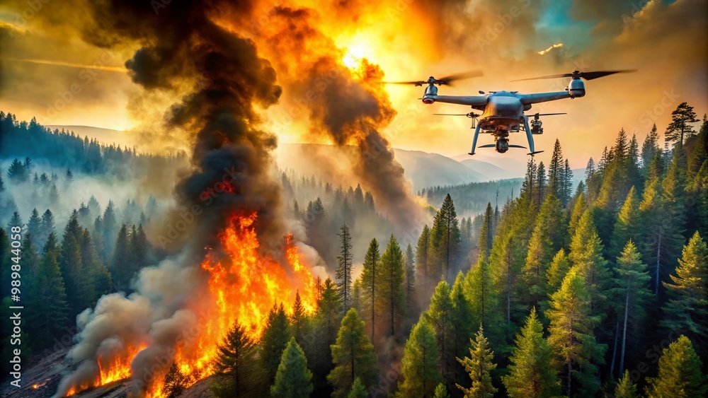 Obraz premium Aerial Drone Monitoring Wildfire Spread Over Forested Area with Smoke and Flames in the Background