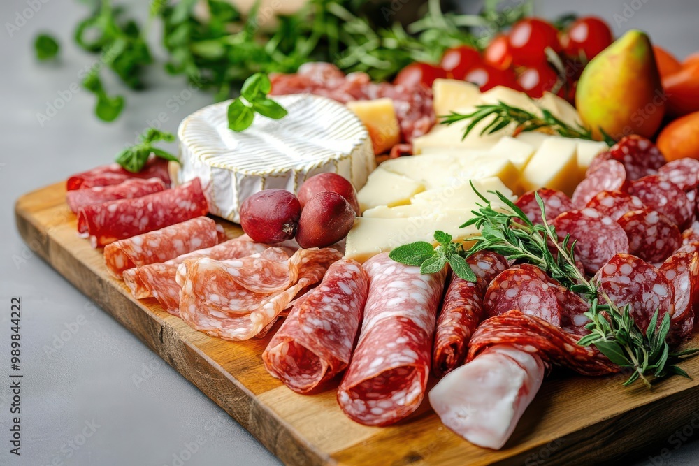 Chef arranging meats and cheeses on a wooden charcuterie board, garnishing with fresh herbs and fruit Chef arranging meats and cheeses on a wooden charcuterie board, garnishing with fresh herbs and fruit