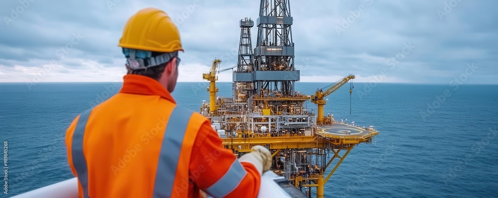 Offshore worker examining the structural supports of the oil rig during routine safety checks Offshore worker examining the structural supports of the oil rig during routine safety checks