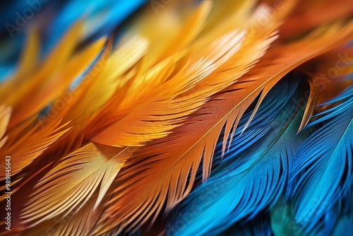Vibrant feathers in orange and blue hues arranged beautifully on a textured surface