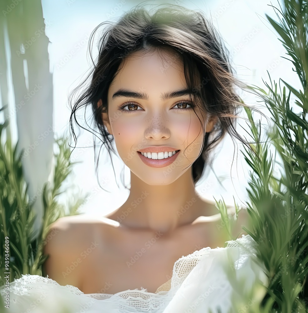 A beautiful woman with natural-looking makeup smiles for the camera, with a light background and some greenery in front of her. A beautiful woman with natural-looking makeup smiles for the camera, with a light background and some greenery in front of her.