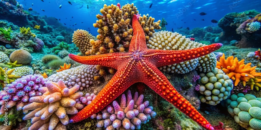 Fototapeta premium Atergatis roseus: Stunning Pink Sea Star on Coral Reef Displaying Vibrant Marine Biodiversity