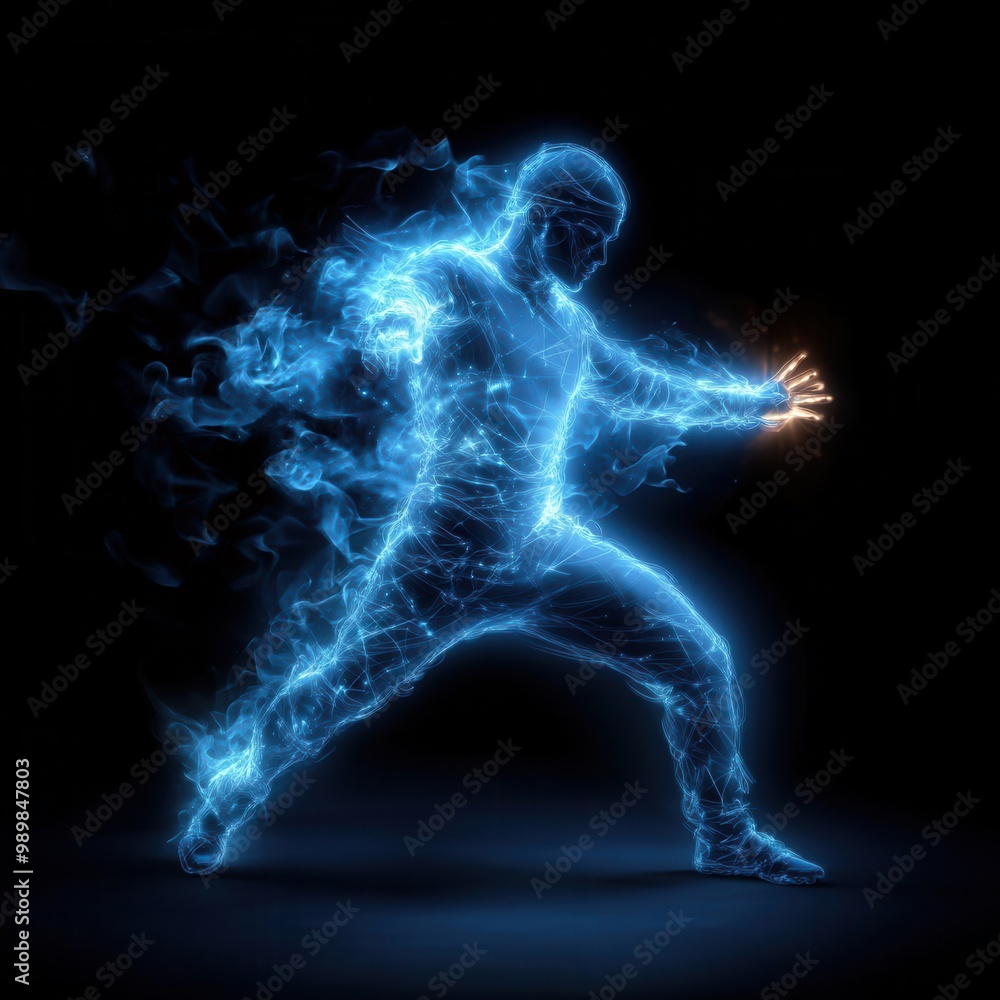Man surrounded by glowing blue energy. Man surrounded by glowing blue energy.