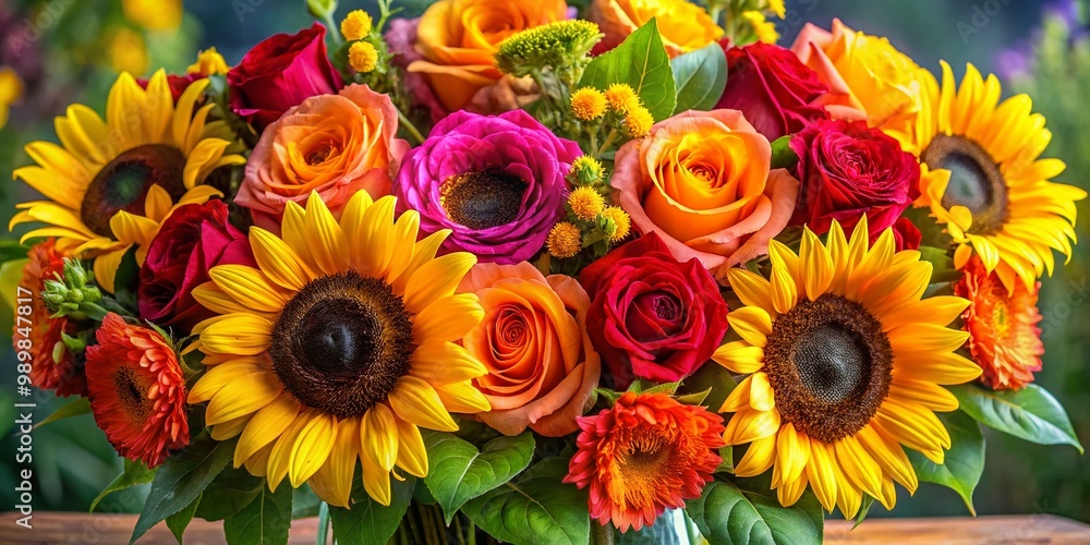 Naklejka premium Beautiful Arrangement of Sunflowers and Roses in a Vibrant Floral Display for Any Occasion