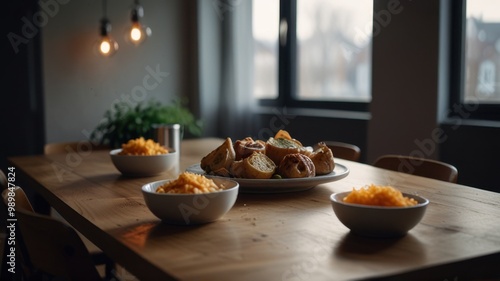 Wallpaper Mural A cozy dining setup featuring a plate of baked goods and bowls of rice. Torontodigital.ca