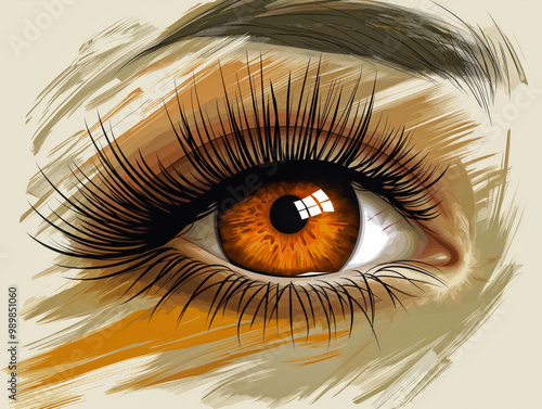 A close up of an eye with long lashes and a brown iris. The eye is surrounded by a blurry background, giving it a dreamy, ethereal quality