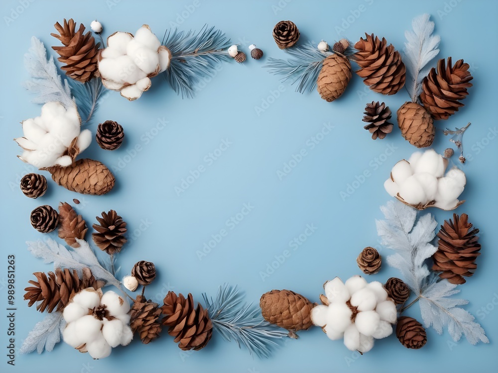 abstract pastel Winter border composition. Dried leaves, cotton flowers, berries, pine cones on a pastel blue background abstract pastel Winter border composition. Dried leaves, cotton flowers, berries, pine cones on a pastel blue background