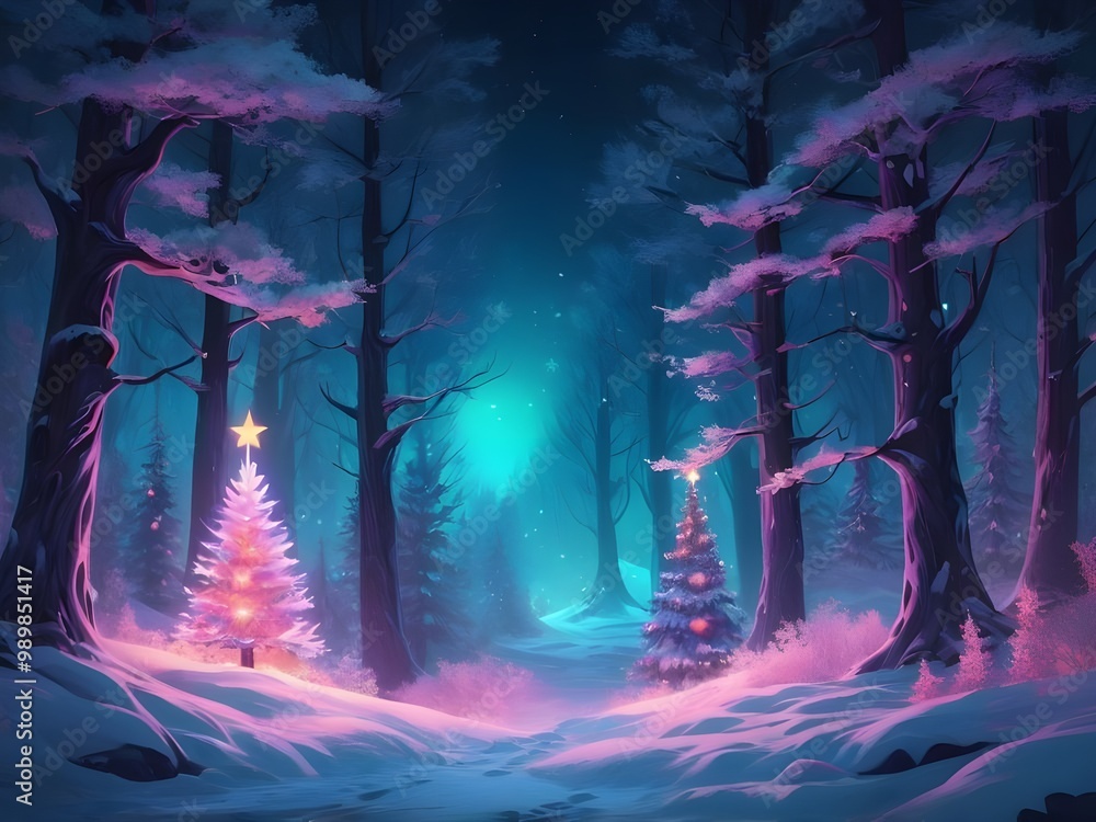 Fototapeta premium abstract pastel Glowing neon Night winter forest fantasy landscape with Christmas decorated tree for postcard