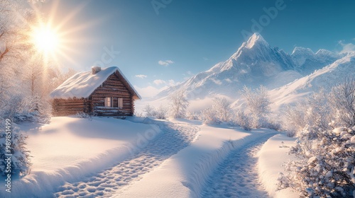 Charming snowy chalet with sunlit mountain backdrop