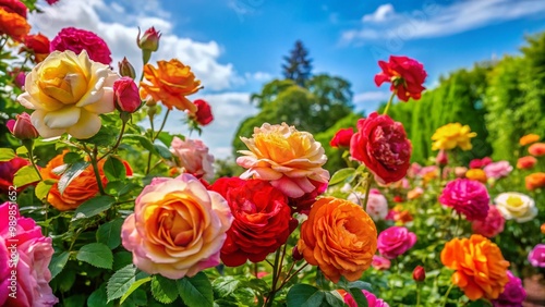 Beautifully Blooming Border Roses in a Lush Garden Setting with Vibrant Colors and Greenery