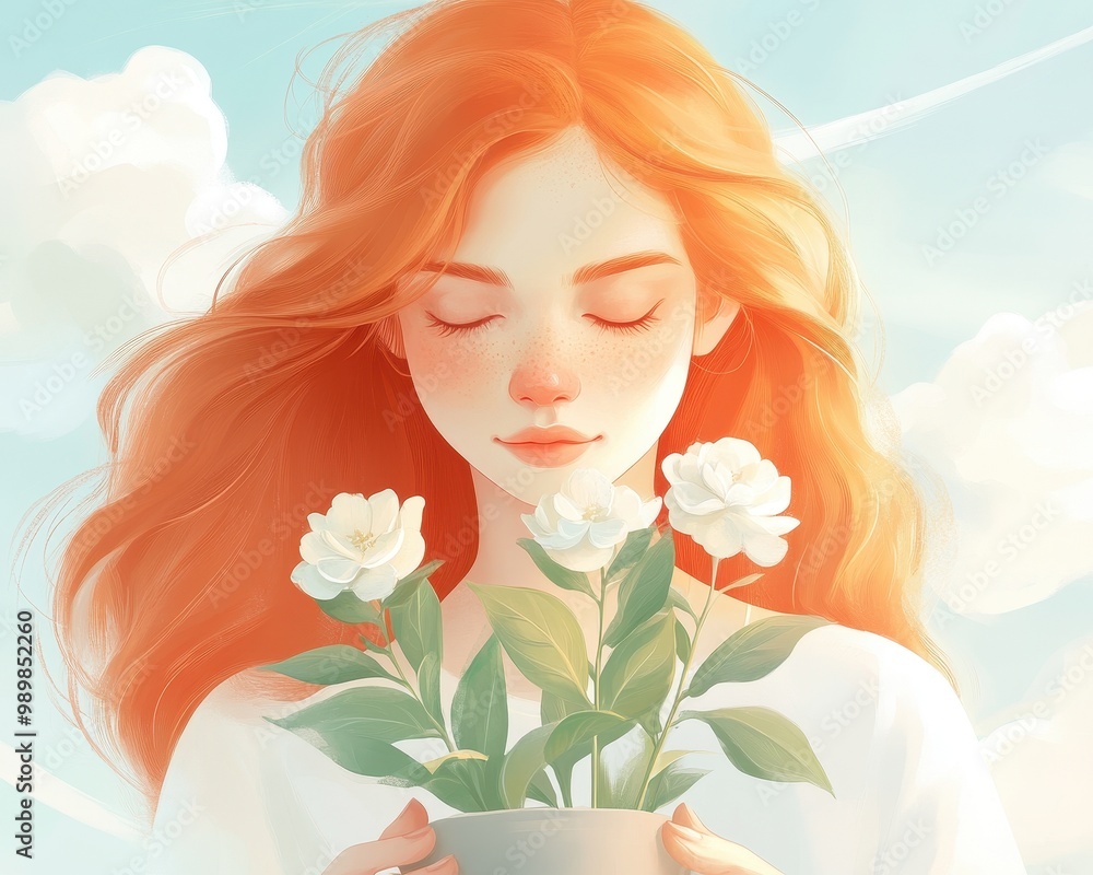 A woman holding a potted plant with white flowers A woman holding a potted plant with white flowers